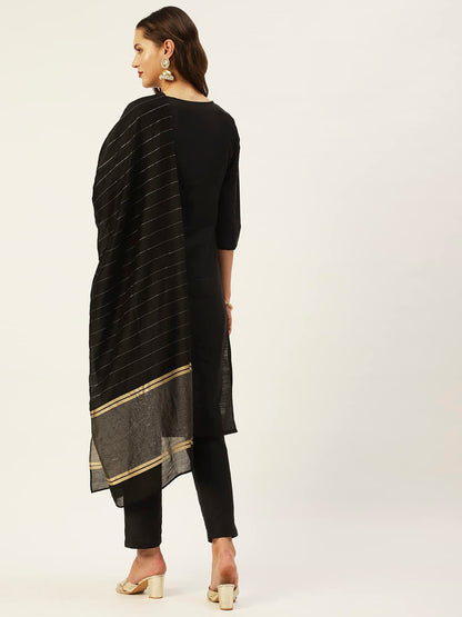 ishin Womens Silk Blend Straight Yoke Design Sequinned Kurta suit set With Dupatta & Trouser