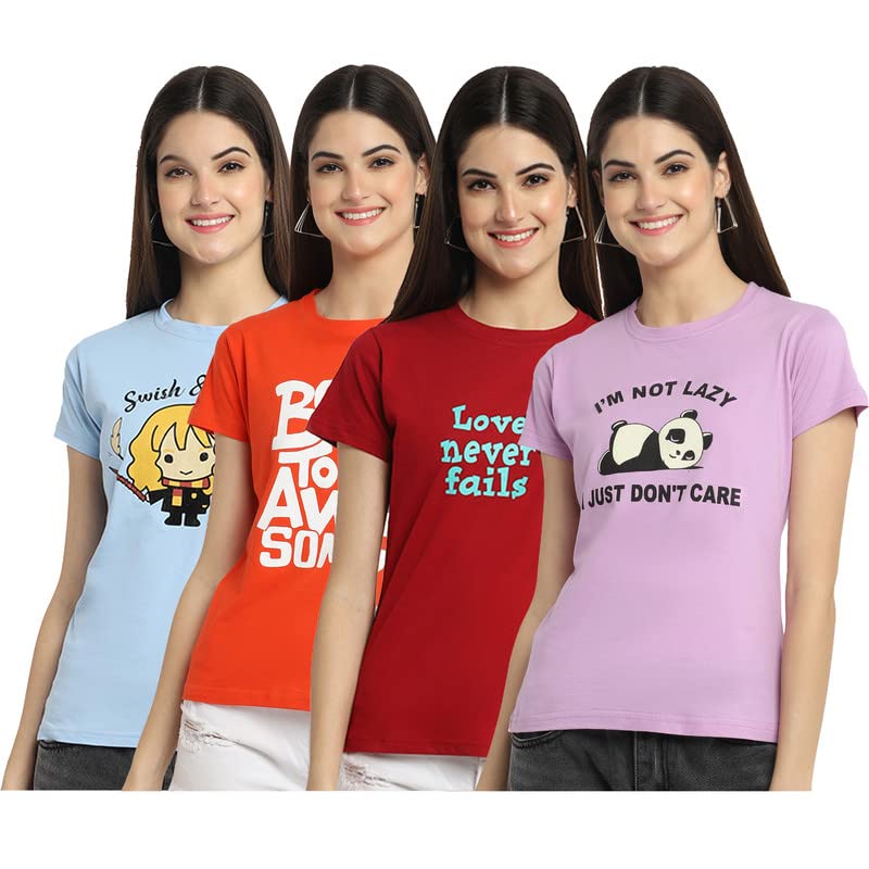 Preneum Womens Cotton Regular Fit Latest Graphic Stylish Printed Short Sleeves Casual T-Shirt || Trendy (Pack 4), Blue & Orange
