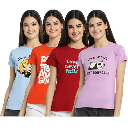 Preneum Womens Cotton Regular Fit Latest Graphic Stylish Printed Short Sleeves Casual T-Shirt || Trendy (Pack 4), Blue & Orange