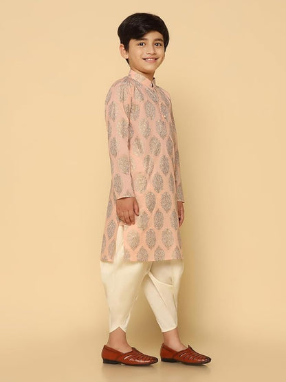 Kisah BoyS Kurta, Peach Cotton Blend, Ethnic Motifs Long Sleeves Regular Fit Mandarin Collar (9-10 Years)