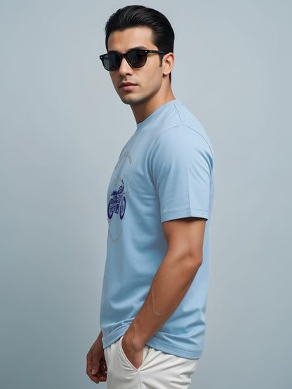 ADRO Men's Royal Bike Design Printed 100% Cotton T-Shirt - Regular Fit, Printed T-Shirts for Men (RN24-RYL-SK_Sky Blue)