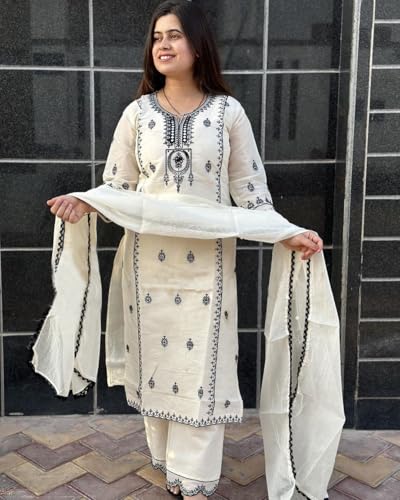 GoSriKi Ladies Viscose Blend Kurta with Trousers & Dupatta, 3X-Large, White, Model DEVANAGRI WHITE-GS