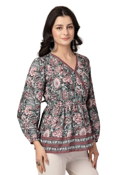 Style Quotient Women Floral Printed Green and Multi Polyviscose Peplum Tunic Top