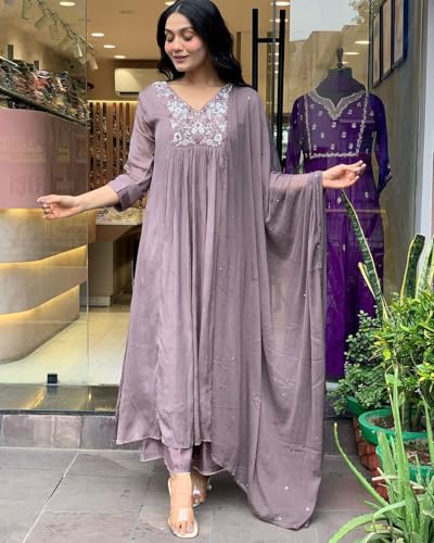 GoSriKi Women's A-Line Kurta with Trousers and Dupatta, Lavender, Small, Model SHARMI LAVENDER-GS, Viscose Blend Embroidery