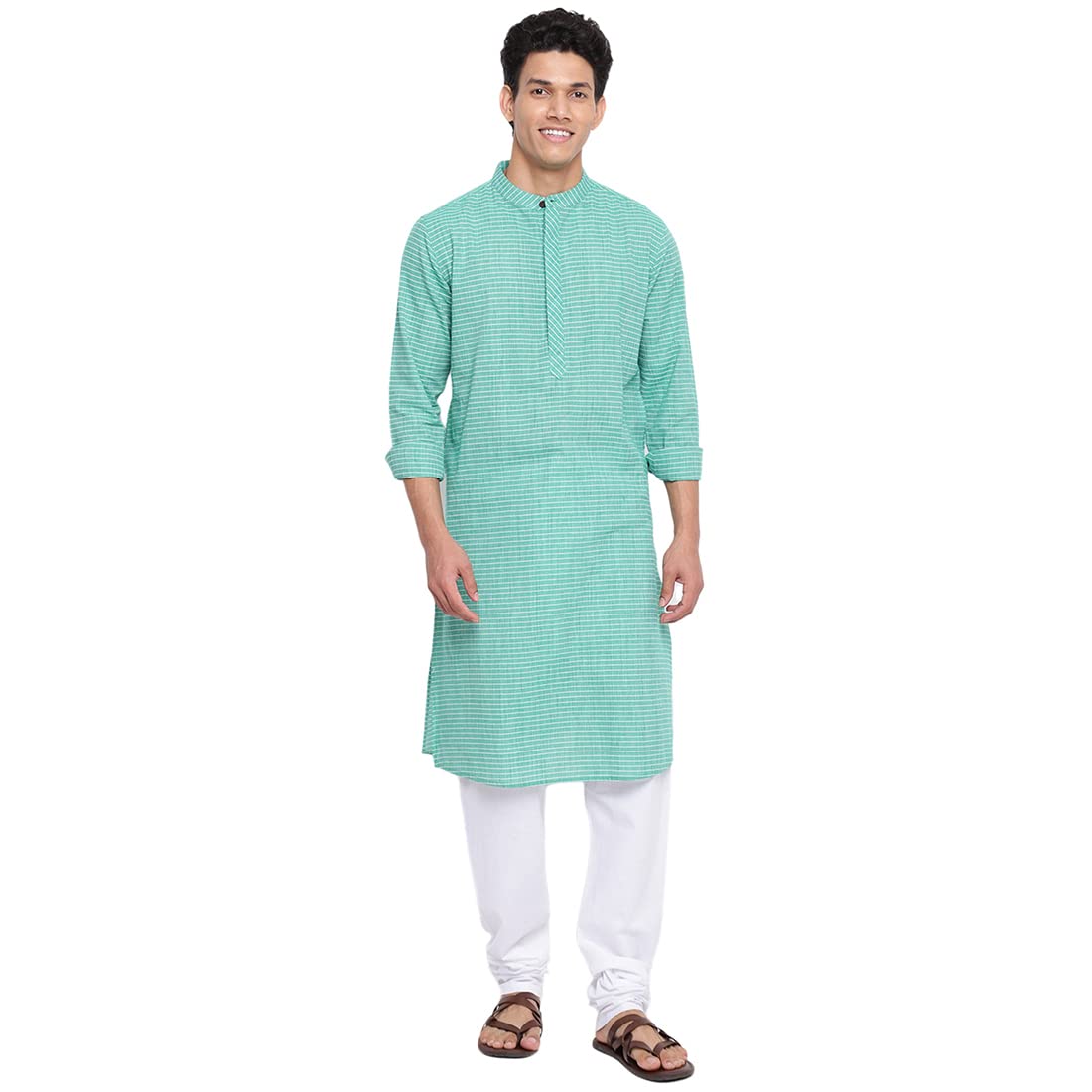 Fabindia Men Cotton Dobby Slim Fit Long Kurta Green_S