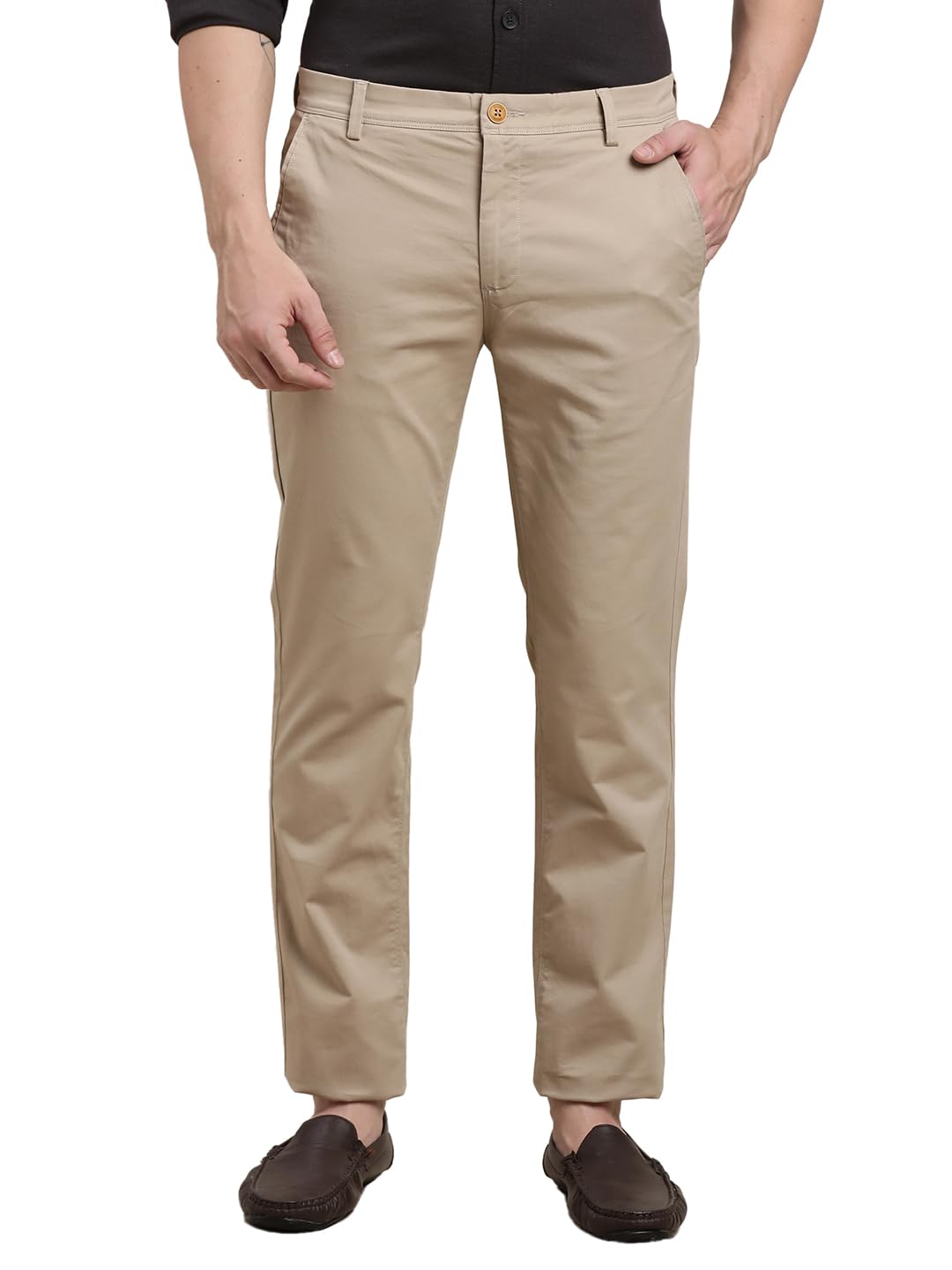 Turtle Men Cotton Stretch Ultra Slim Fit Solid Beige Flat Front Casual Trouser || Pant || Mens Trouser