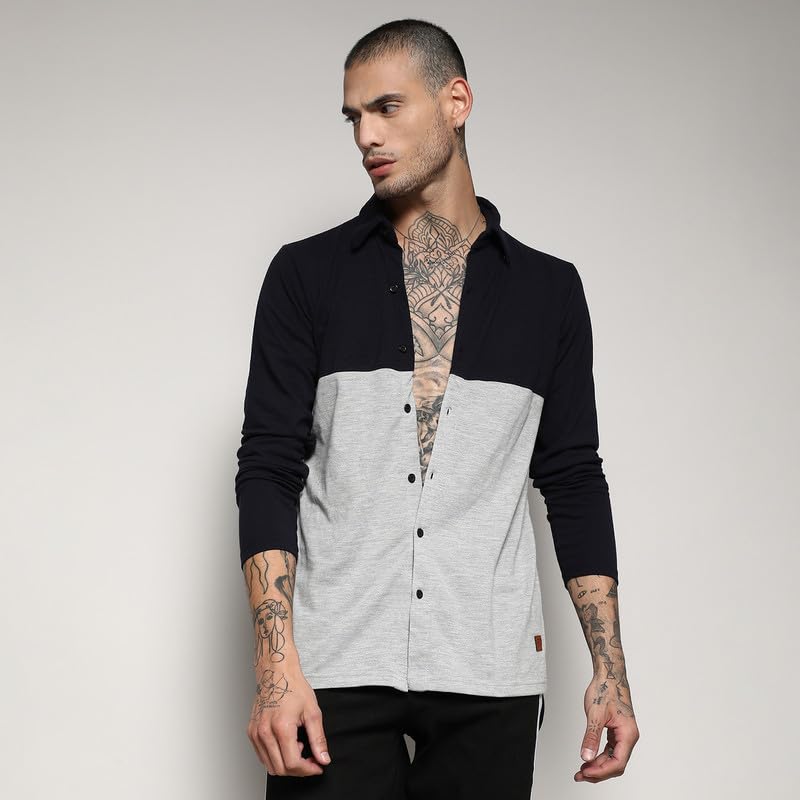Campus Sutra Mens Navy Blue & Light Grey Contrast Panel Shirt for Casual Wear, Spread Collar, Long Sleeve, Button Closure, Cott
