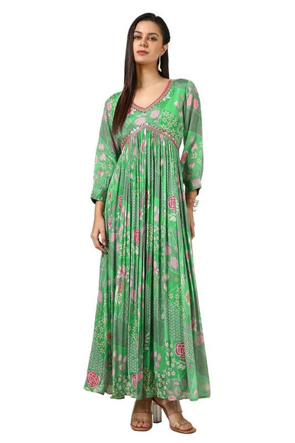 Soch Womens Light Green Chinon Floral Print Dress With Faux Mirror And Sequins