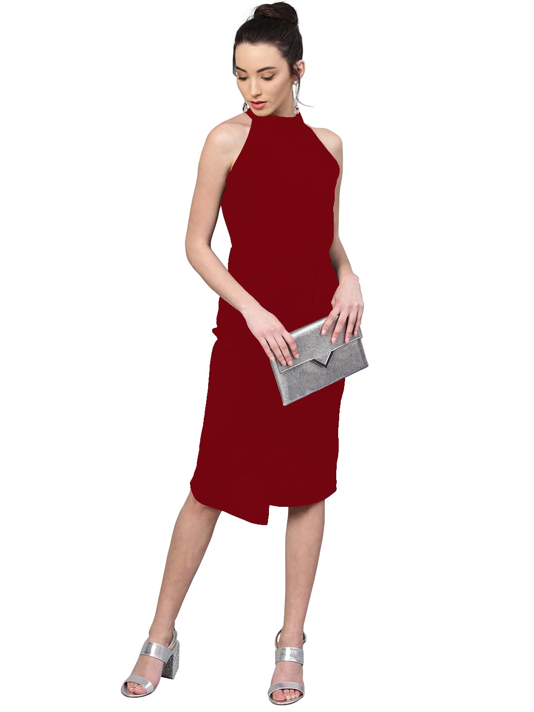 Shasmi Polyester Blend Bodycon Knee-Length WomenS Elegant Halter Neck Pleated Flounce Sleeveless Midi Dress (Dresses For Tops_M