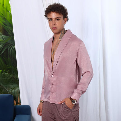 Campus Sutra Mens Flamingo Pink Shawl Collar Shirt | Casual Wear | Shawl Collar | Long Sleeve | Button Closure | Shirt Crafted