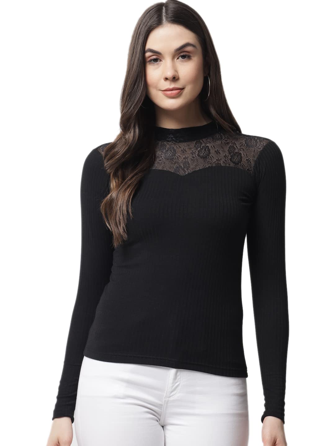 POPWINGS Ribbed Black Full Sleeve Neck Design Top