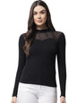 POPWINGS Ribbed Black Full Sleeve Neck Design Top