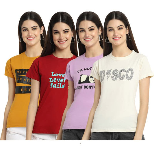 Preneum Womens Cotton Regular Fit Latest Graphic Stylish Printed Short Sleeves Casual T-Shirt || Trendy & Styles (Pack 4), Yell
