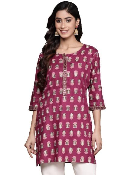 anubhutee Women's Viscose Rayon Magenta Zari Floral Printed Straight Kurti