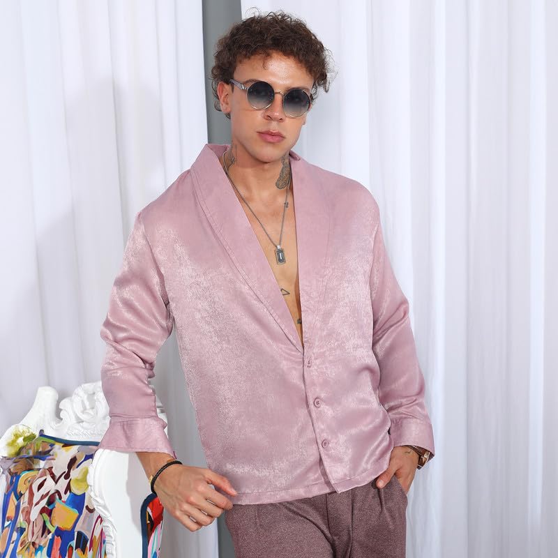 Campus Sutra Mens Flamingo Pink Shawl Collar Shirt | Casual Wear | Shawl Collar | Long Sleeve | Button Closure | Shirt Crafted