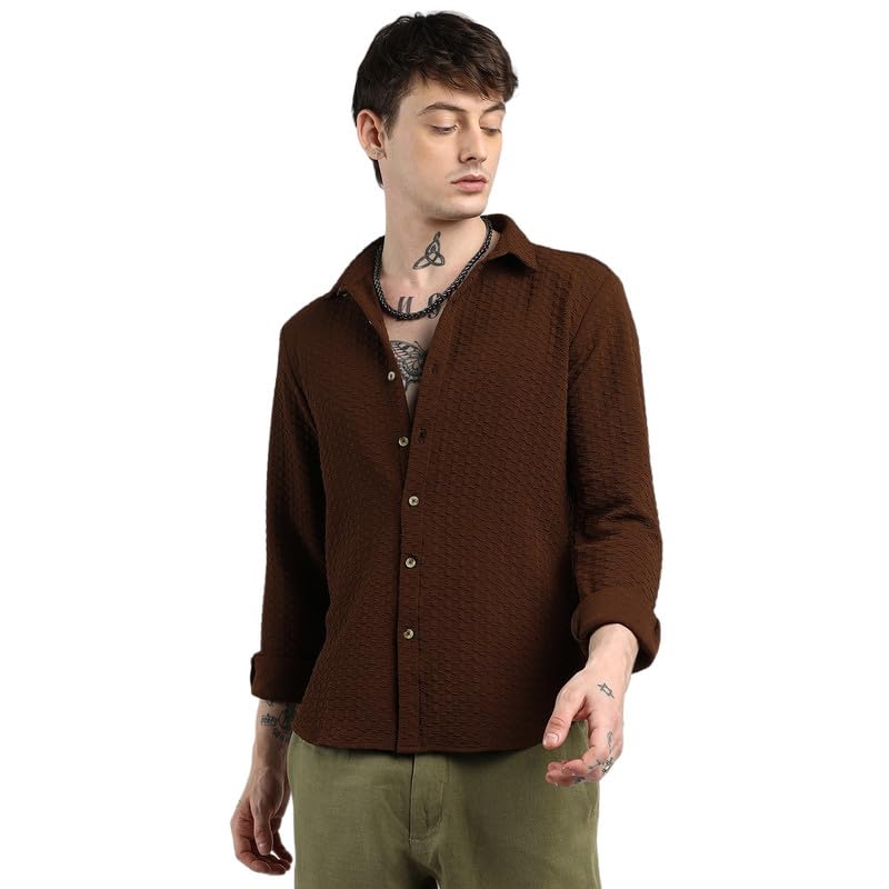 Campus Sutra MenS Chocolate Brown Ripple Box Shirt For Casual Wear | Spread Collar | Long Sleeve | Button Closure | Shirt Craft