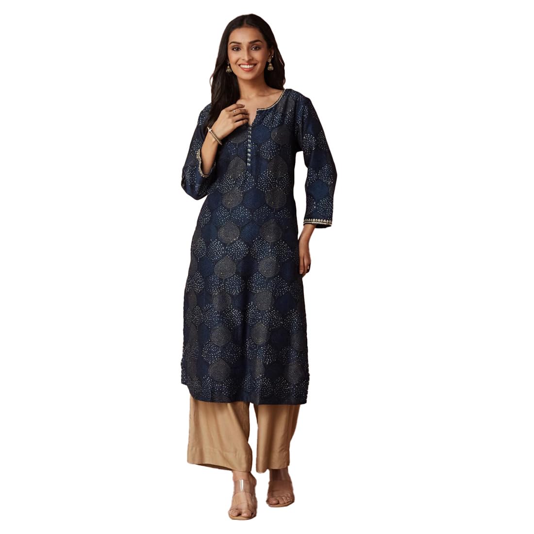 Fabindia Indigo Cotton Silk Dabu Printed Long Kurta