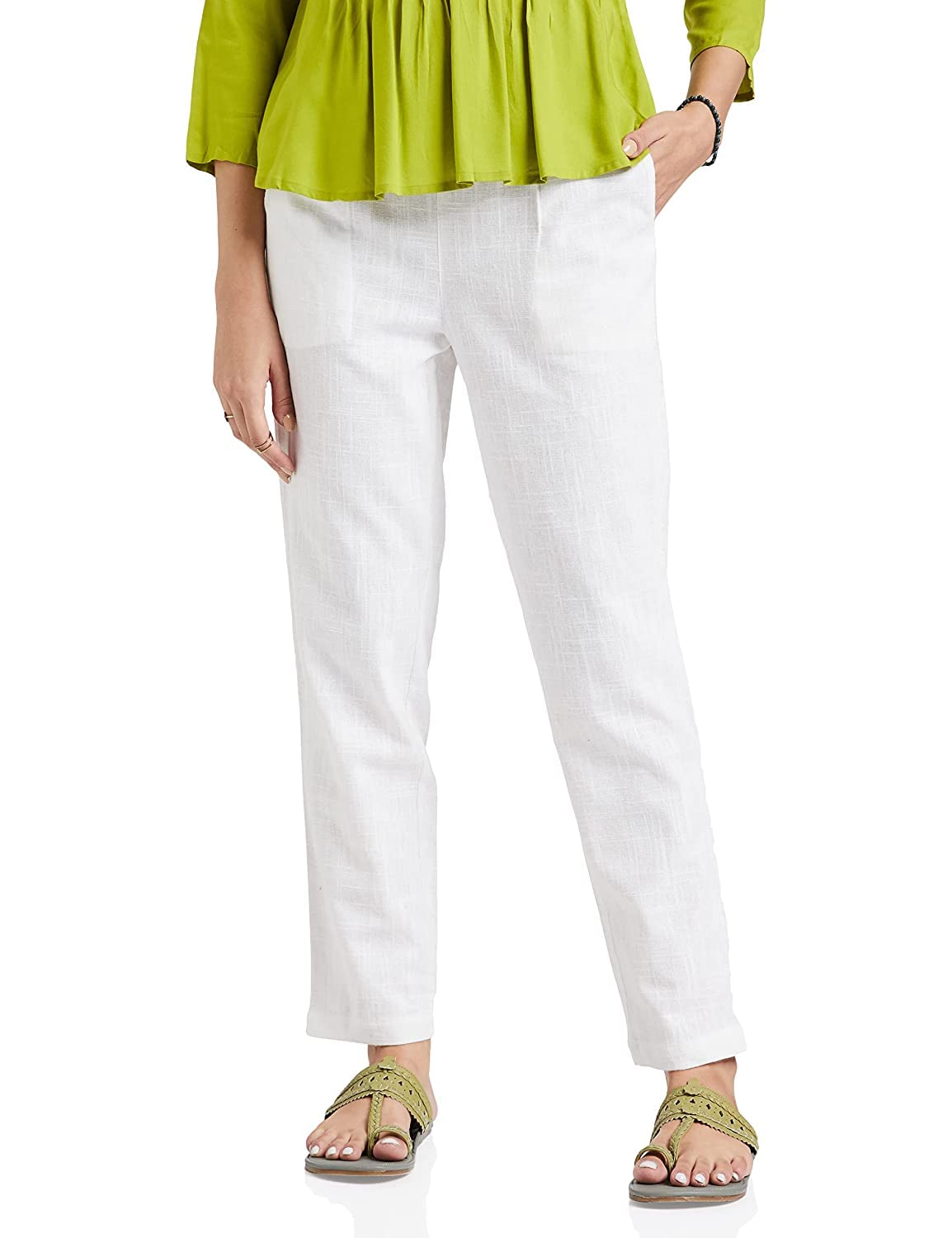 Digital Shopee Cotton Women Trouser Pant Use For Formal Office High Waist For Wide Leg Ankle Length Straight Pencil Pant (White_