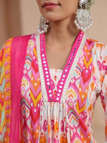 GRECIILOOKS WomenS Rayon A-Line Printed V-Neck Kurta With Palazzo & Dupatta | Ethnic Set | Dupatta Set | Suit Set | Kurta And P