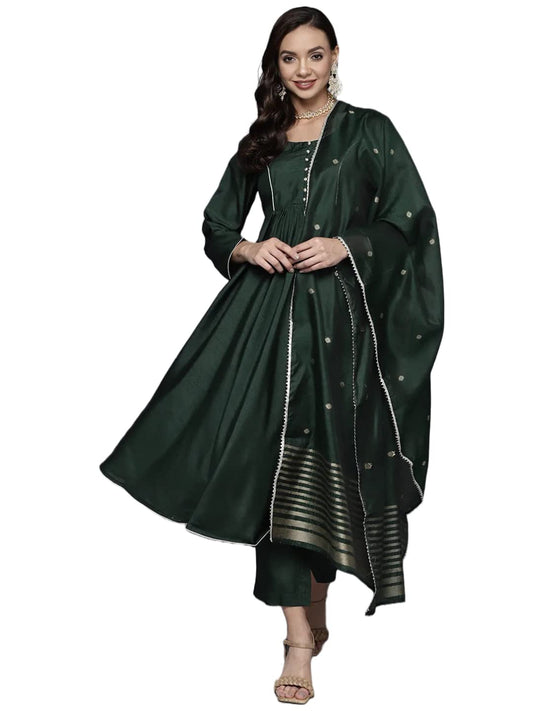 Gosriki WomenS Cotton Silk Blend Solid Anarkali Kurta And Pant With Dupatta (Carrom Green_S-Gs_Green_Small)