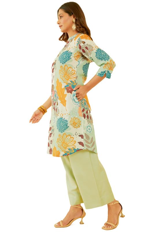 Soch Womens Cream & Green Botanical Print Linen Blend Kurta