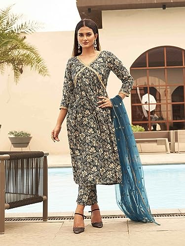 Womanista Women's Silk Blend Foil Printed Sequins Work Alia Cut Anarkali Kurta Trouser With Dupatta Set