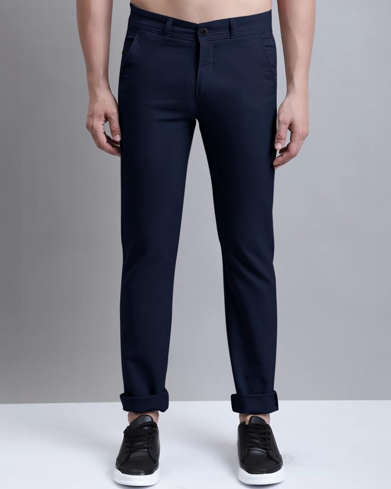 Eyebogler Mens Solid Regular Fit Formal Pant Navy Blue