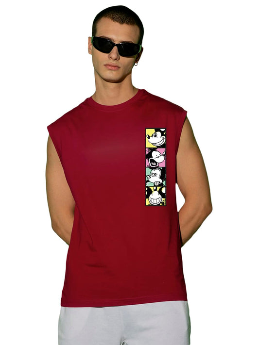 Bewakoof X Official Disney Merchandise Mens Mickey Faces Graphic Printed 100% Cotton Vest - Boxy Fit, Round Neck, Sleeveless_60