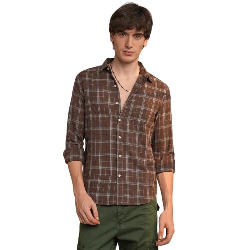 Campus Sutra Mens Chocolate Brown Tartan Plaid Shirt | Casual Wear | Spread Collar | Long Sleeve | Button Closure | Shirt Craft