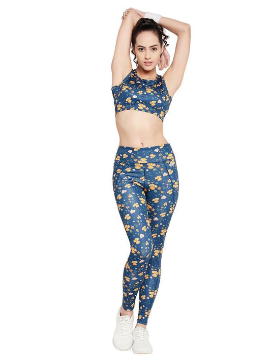 Clovia Womens High-Rise Floral Print Active Tights with Side Pocket (AB0042R08_Blue_XXL)