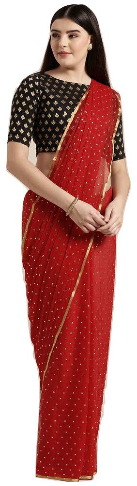 ANNI DESIGNER Womens Chiffon Gold Print Polka Dots Saree