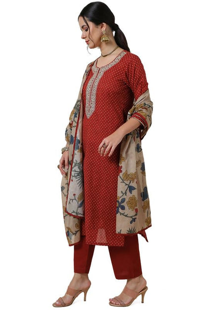 Soch Womens Rust Bandhani Print Cotton Suit Set With Sequins