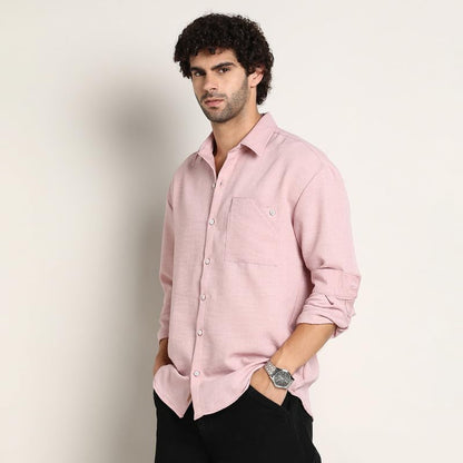 Campus Sutra Mens Rose Pink Modular Solid Oversized Shirt for Casual Wear | Spread Collar | Long Cuffed Sleeves | Button Closur