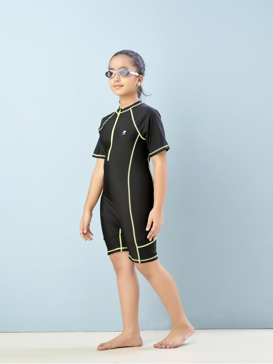 Aarika Girls Sports Wear Black-Green Colour Solid Nylon Swim Suit (4-15 Years)-(SW-SHM-AB-603)