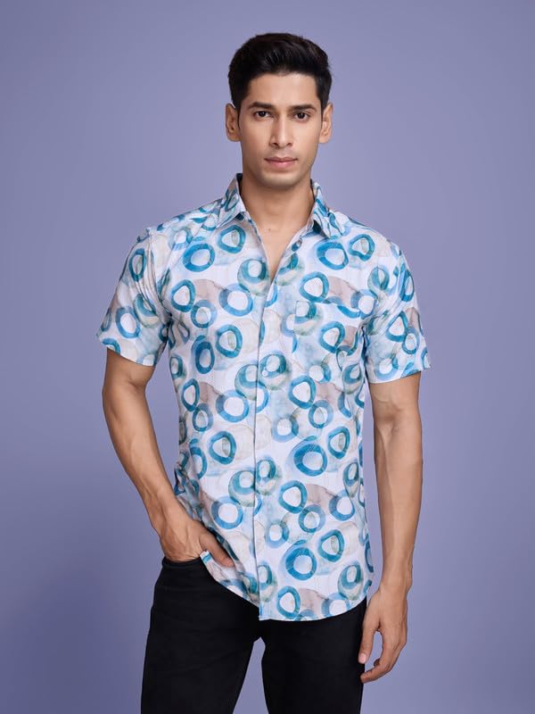 Pinkmint Stylish Shirt for Men ll Printed Half Sleeve Shirts ll Regular Fit Chest Pocket Shirt Sky
