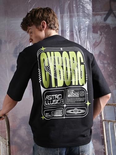 Hubberholme Men Printed Oversized Round Neck Half Sleeves Tshirts 34 Black