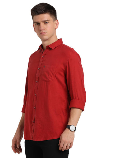Turtle Men Cotton Lyocell Red Solid Slim Fit Full Sleeve Casual Shirt