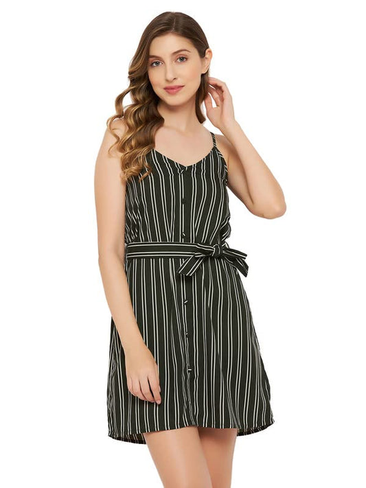 Clovia Womens Crepe Sassy Stripes Resort Wear Dress with Tie-Up Belt in Green (RW0067P17_Green_XXL)