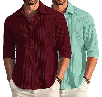 Deelmo Combo Of MenS Casual Button Down Shirts Long Sleeve Linen Shirt Fashion Textured Summer Shirts Pack Of 2