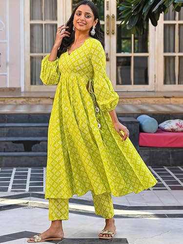 Pinkmint Straight Cut Muslin Kurta & Pant with Dupatta for Women l Ethnic Suit with Long Puff Sleeve Kurta Sets Light Green