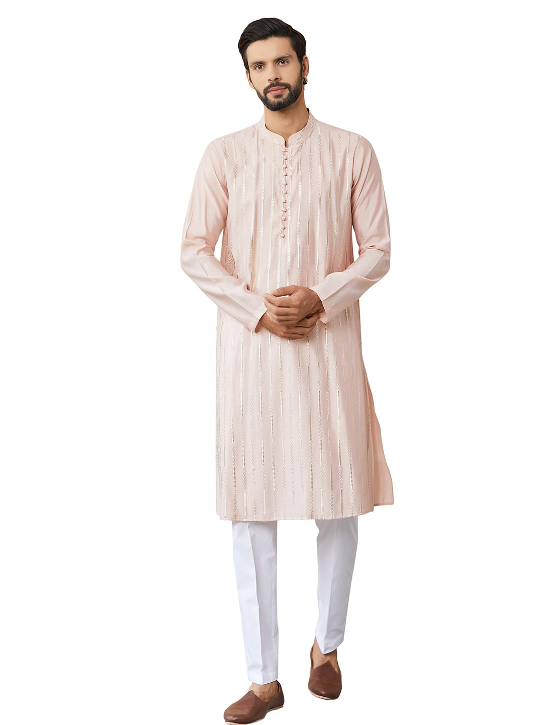 See Designs MenS Long Sleeve Mandarin Collar Side Slit Light Pink Sequins Embroidered Pure Chanderi Silk Straight Kurta - Sdkt2
