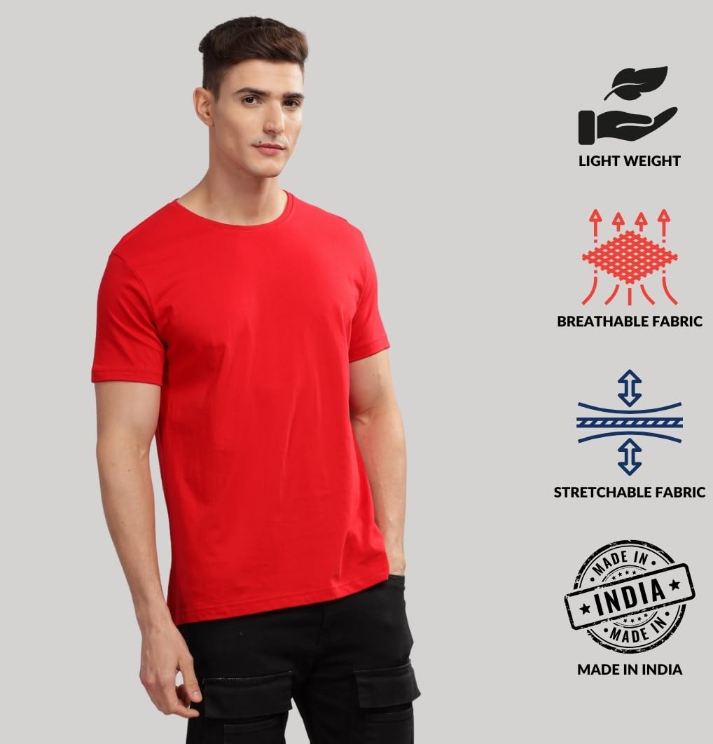 ADRO Men's Solid Regular Fit T-Shirt (RCM3-PLN-RD-BL-WH_Red,Black,White