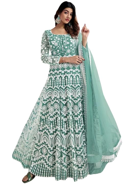 PATLANI Womens Naylon Net Embroiered Full Stitched Gown with Dupatta. Green