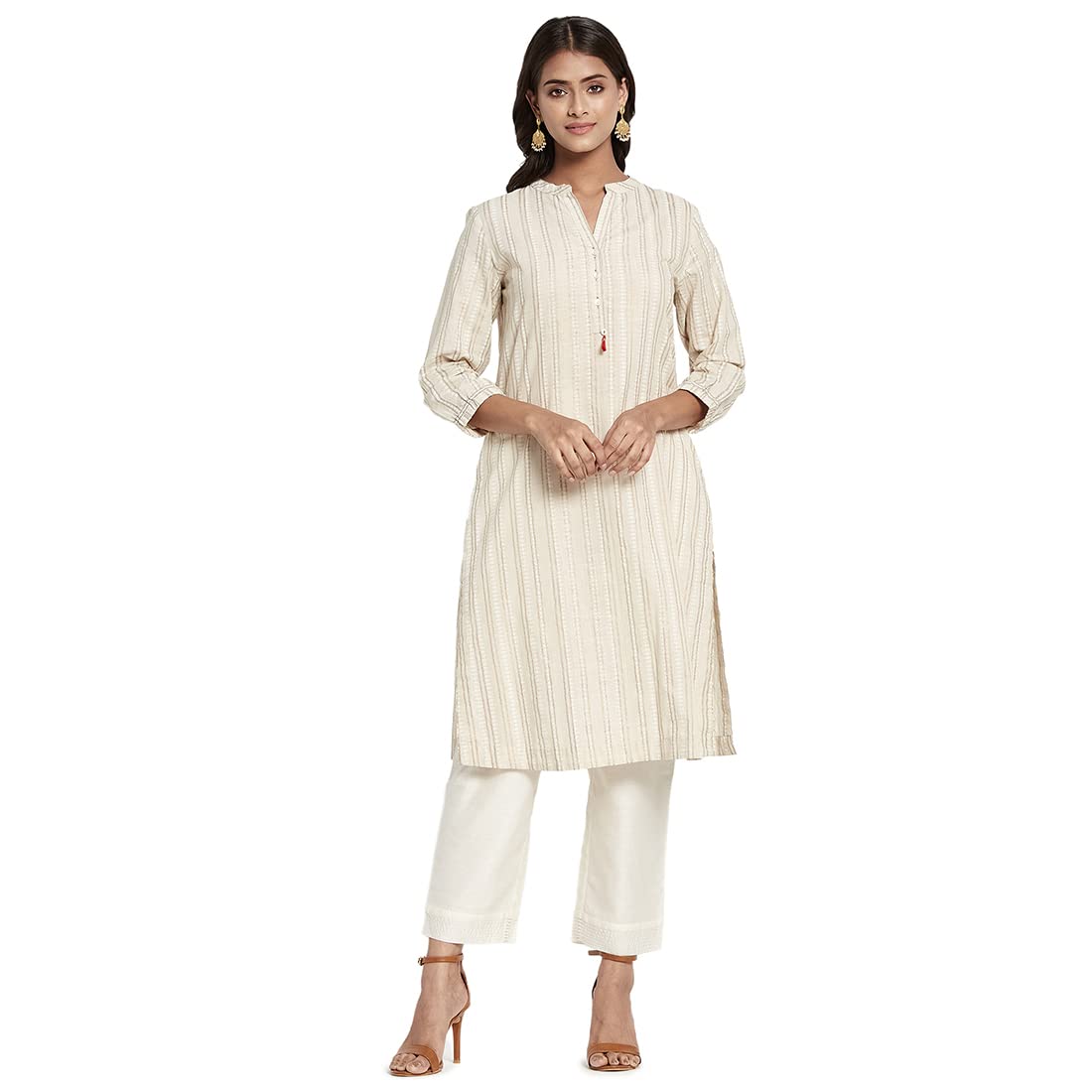Fabindia Women Cotton Hand Block Print Knee Length Kurta Natural_Xxl