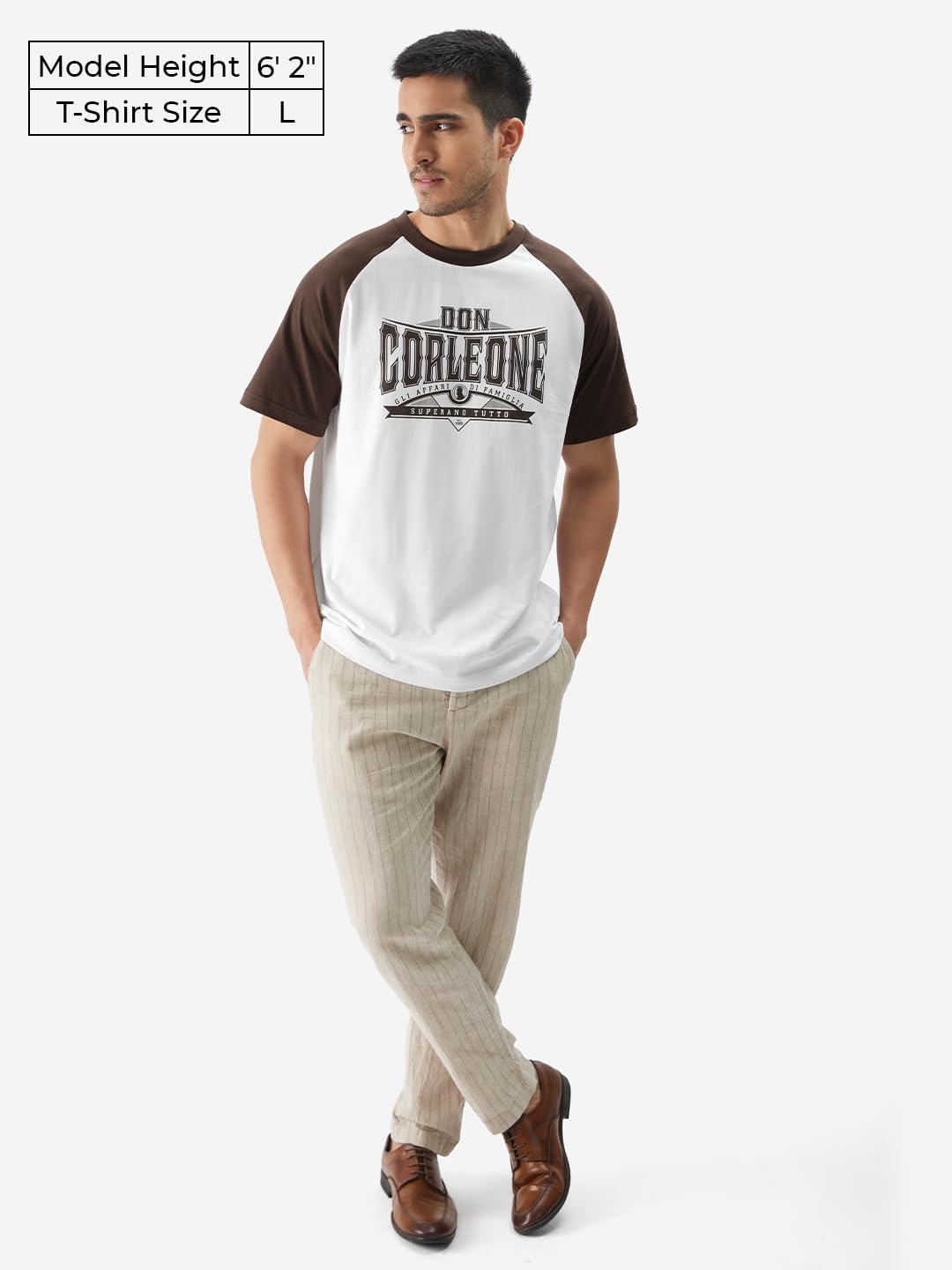 The Souled Store Official The Godfather: Corleone Men and Boys Short Sleeve Round Neck White and Brown Graphic Printed Regular F