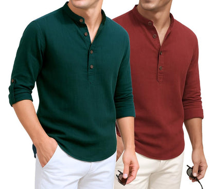 Deelmo Combo Of MenS Cotton Blend Solid Regular Fit Full Sleeve Short Kurta | MenS Trendy Short Kurta Pack Of 2