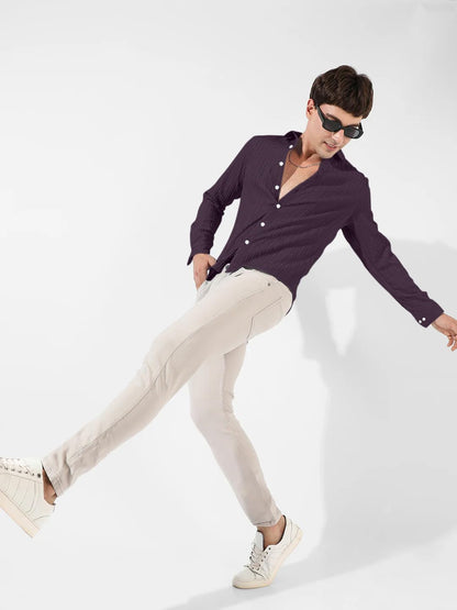 Finivo Fashion MenS Cotton Casual Striped Button Down Shirts Long Sleeve Textured Summer Beach Shirt For Men Purple
