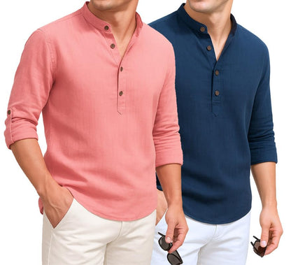 Deelmo Combo Of MenS Cotton Blend Solid Regular Fit Full Sleeve Short Kurta | MenS Trendy Short Kurta Pack Of 2