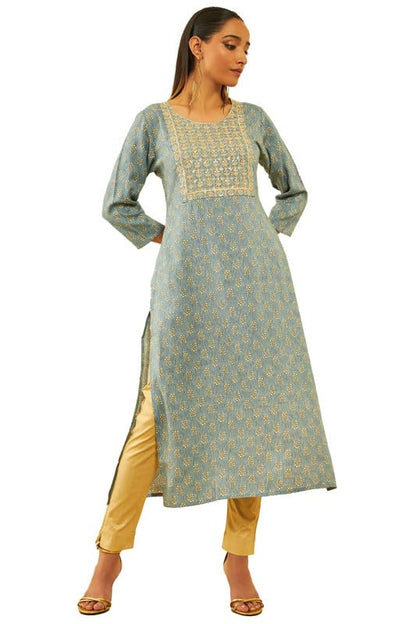 Soch Womens Blue Rayon Floral Printed Kurta With Sequinned Yoke Design