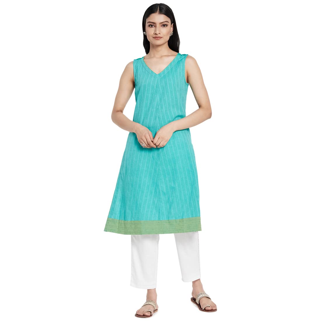 Fabindia Women Cotton Woven Slim Fit Knee Length Kurta V-Neck_L Green